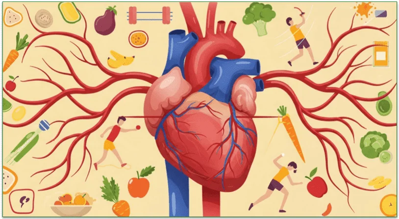 An illustration of a heart, people, and whole foods.