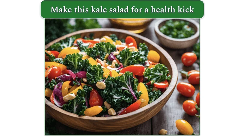 a wooden bowl with fresh kale salad filled with fresh veggies