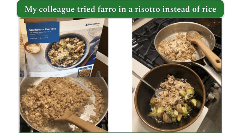 Collage of Blue Apron's Mushroom Farrotto recipe card, being cooked in a skillet, and served in a bowl