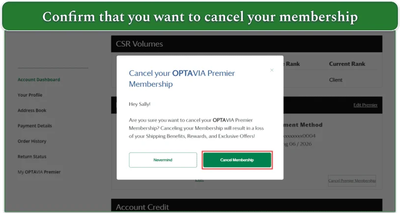 Screenshot of OPTAVIA's Cancel Membership plan, with the Cancel Membership button highlighted