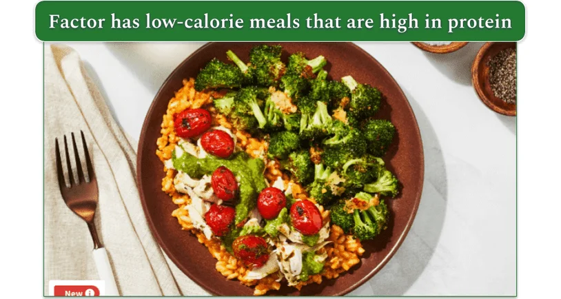 Factor's tomato basil chicken risotto with parmesan broccoli