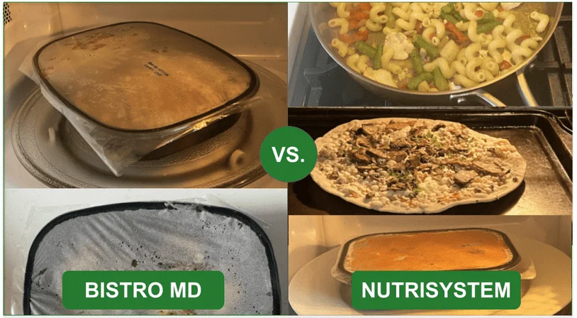 Comparison images of the cooking methods for BistroMD (microwave) and Nutrisystem (skillet, oven, microwave)