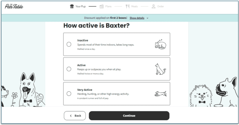 Screenshot of the activity level question on The Pets Table personalization quiz