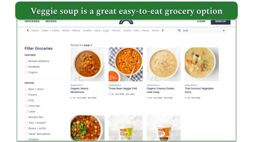 Screenshot of HungryRoot's grocery menu with soups selected