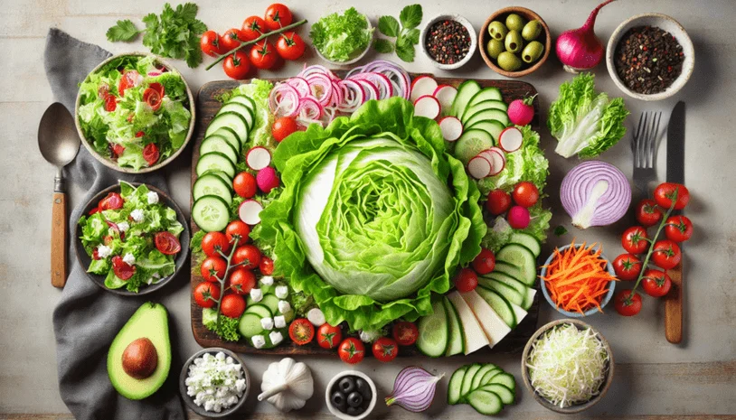 Iceberg lettuce surrounded by various salad ingredients