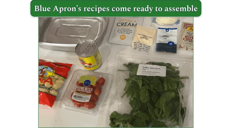 Photo of ingredients and accessories that come with a Blue Apron Ready to Cook recipe