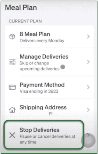 screenshot of Tovala app meal plan page with Stop Deliveries highlighted