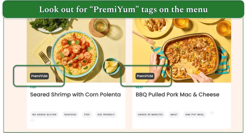 PremiYUM tags highlighted on 2 Dinnerly meals