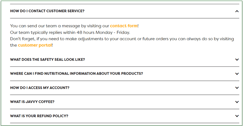 Javvy FAQs page with contact form link highlighted