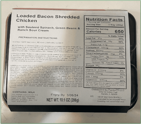 Image of the back of a Factor meal sleeve with nutritional details and preparation information
