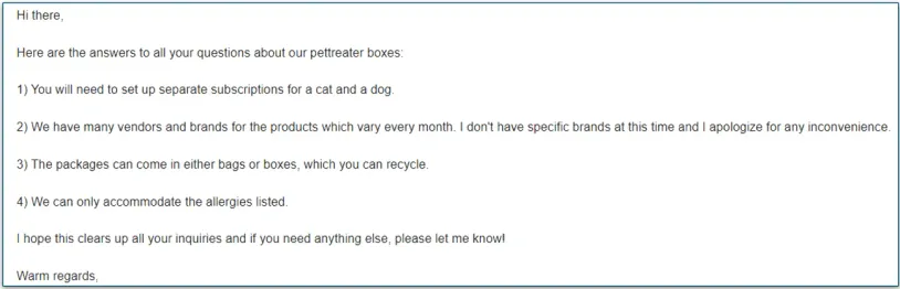 Screenshot of an email reply from Pet Treater