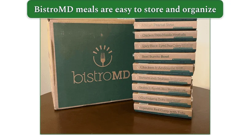 A stack of many BistroMD meals in their packaging