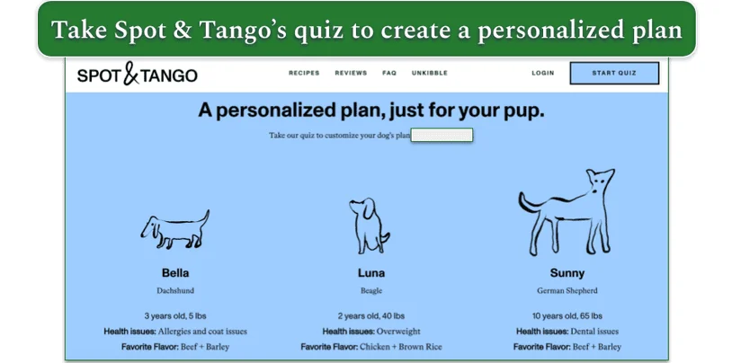 Screenshot of Spot & Tango’s website showing 3 plans for different breeds