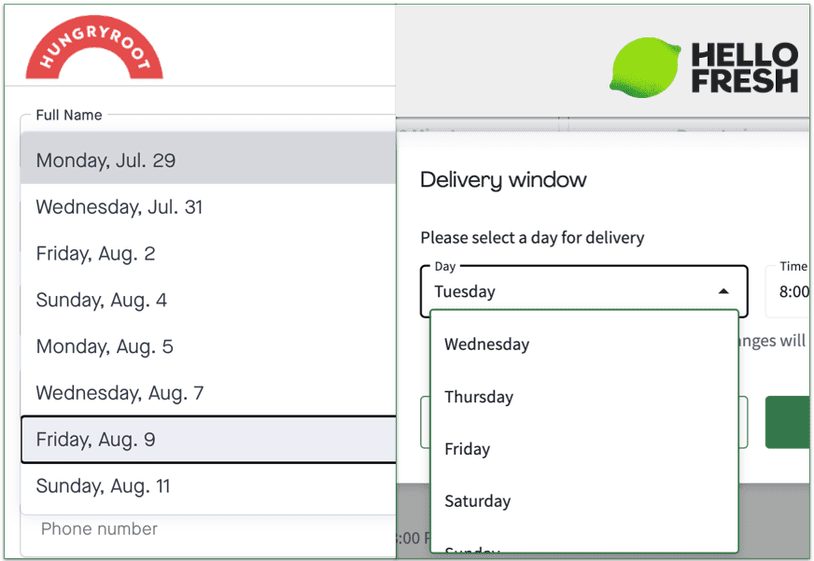 Side-by-side comparison of Hungryroot's and HelloFresh's delivery day options
