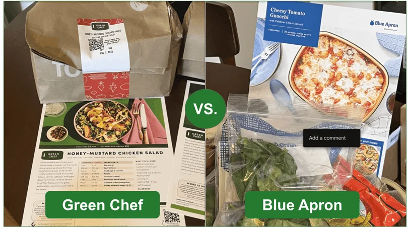 a comparison of one of green chef's and blue apron's recipe packaging