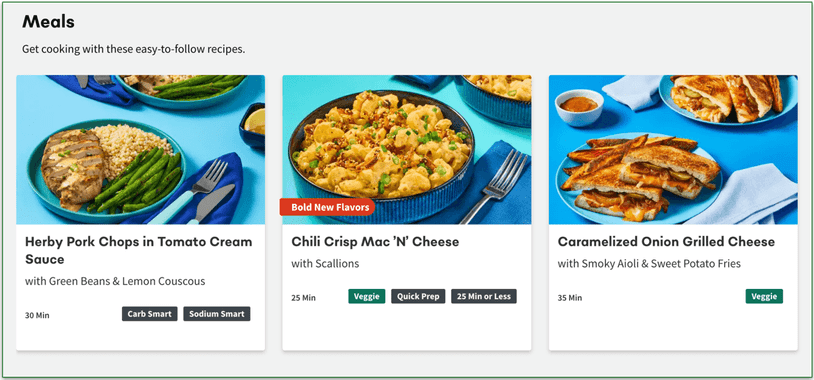  A screenshot of EveryPlate's menu featuring 3 different meals, including a Customer Fave and a Premium dish