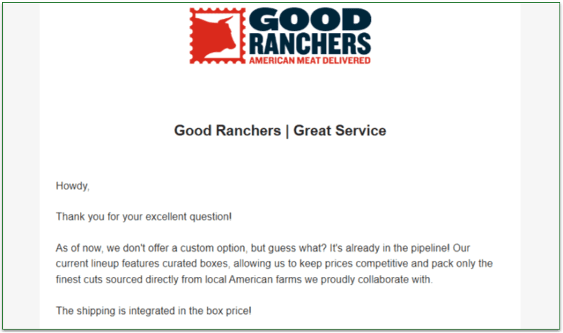 Email reply from Good Ranchers