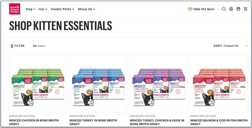 Screenshot of The Honest Kitchen's Kitten essentials page showing minced wet food suitable for kittens
