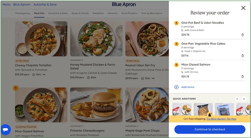 Blue Apron Review your order sidebar on the main menu