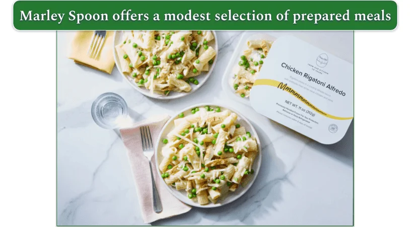 A picture of a Marley Spoon's Chicken Rigatoni Alfredo prepared meal in the container and on a plate