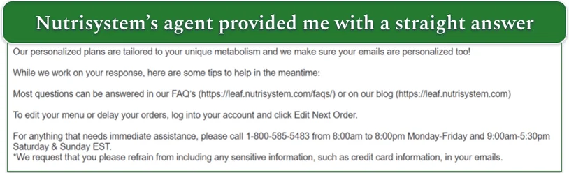 Nutrisystem's reply to my 2nd inquiry