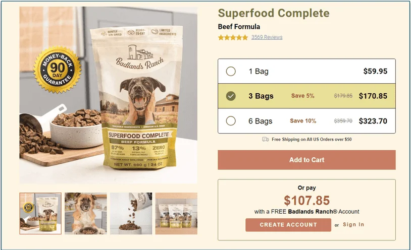 Prices and account savings for the Beef recipe