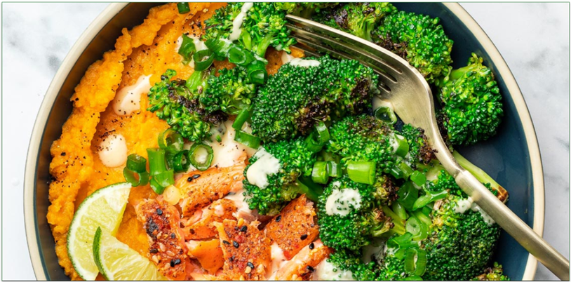 Photo of a dish with Hungryroot's Miso Salmon and Broccoli Sweet Potato Mash