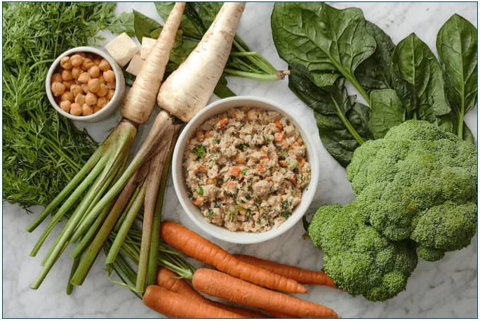 Image of a bowl of The Farmer's Dog fresh food surrounded by a range of fresh vegetables and chickpeas