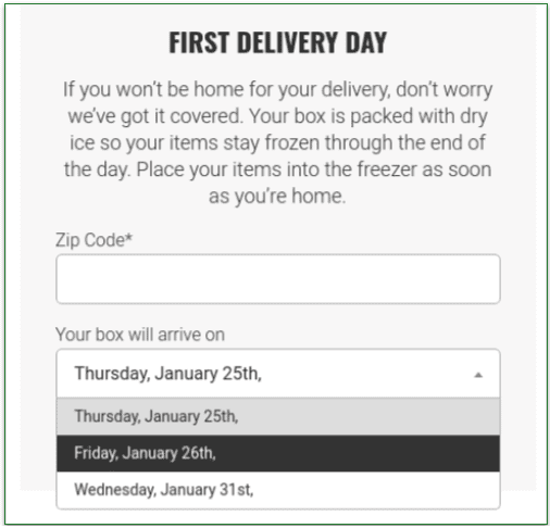 Screenshot of the form allowing you to choose the delivery day
