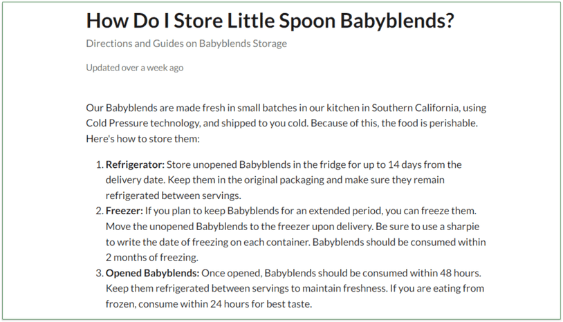 The FAQs explain how to store Babyblends