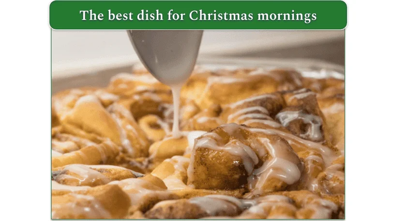 Applying glaze on Cinnamon Roll Breakfast Casserole