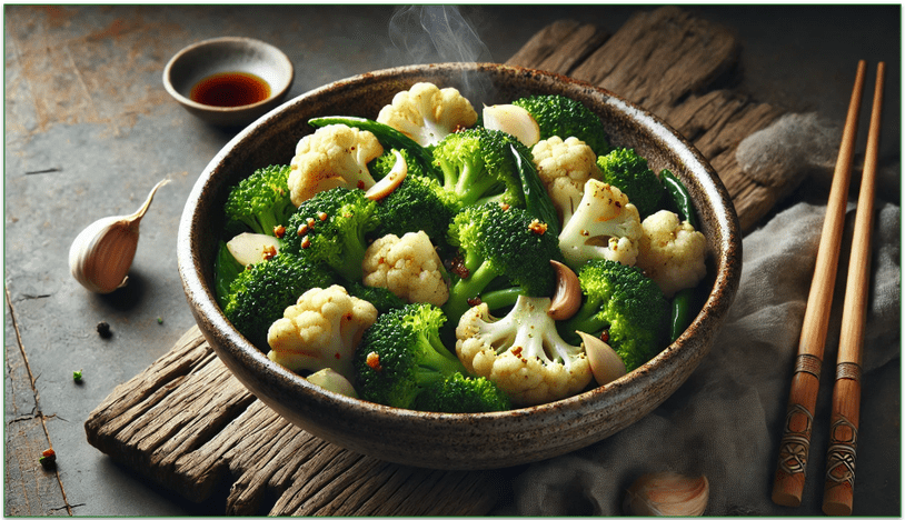 an image of a Japanese-inspired stir fry with broccoli and cauliflower
