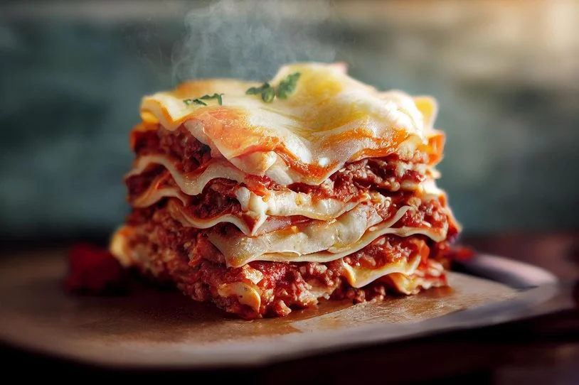A steaming serving of lasagna on a plate