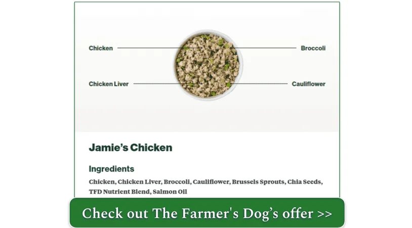 Screen capture of The Farmer's Dog Chicken recipe and ingredients