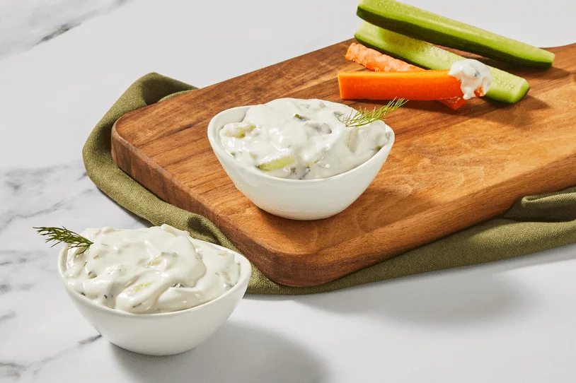 Tzatziki sauce in bowls with veggie sticks from HelloFresh