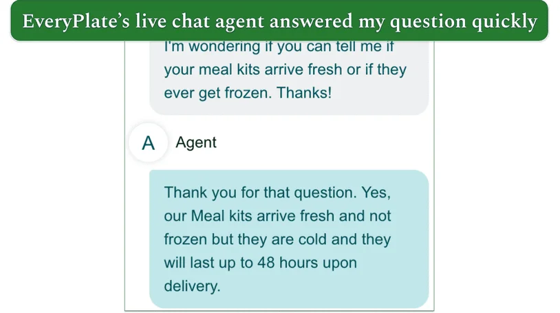a screenshot of everyplate's responsive live chat feature