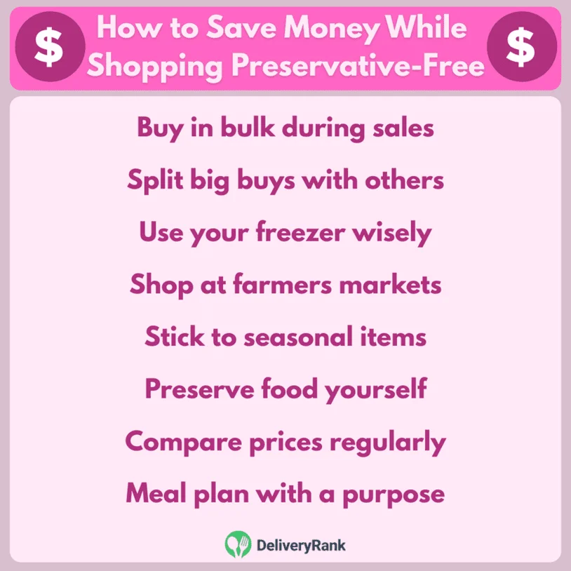An infographic showing how to save money while shopping for preservative-free food.