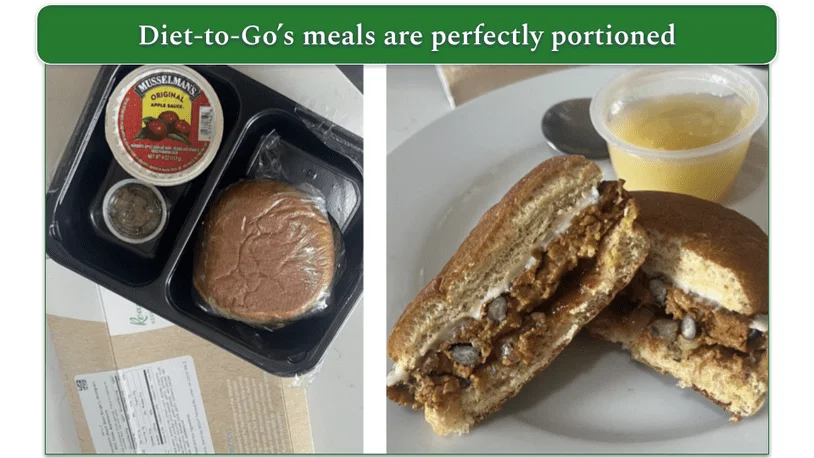 Diet-to-Go's Southwestern Sandwich in it's opened packaging next to a photo of it served on a plate