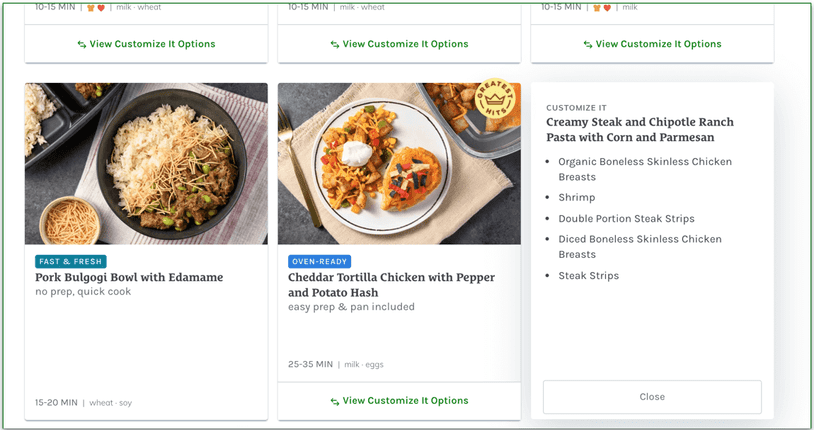 A screenshot of the Fresh and Easy menu with a list of the Customize It options available for Creamy Steak and Chipolte Ranch Pasta.