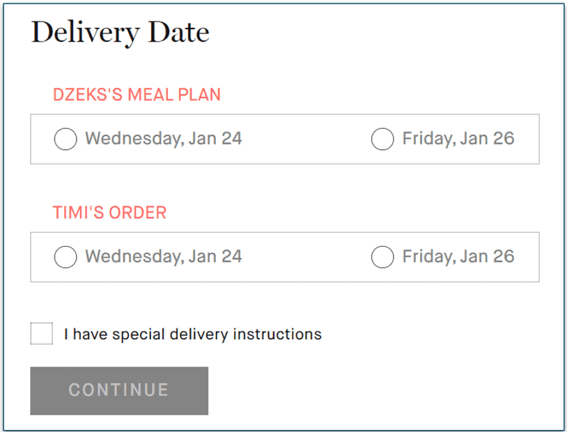 Two delivery dates offered for delivery of Pure Dog Food items