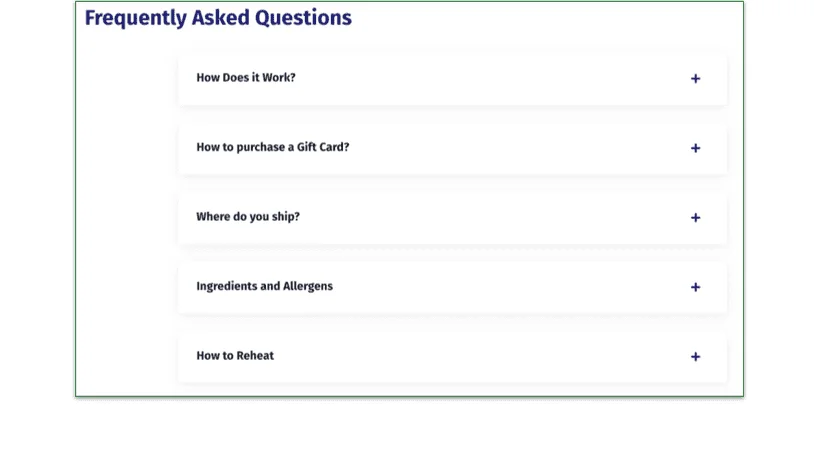 Screenshot of the "Frequently Asked Questions" subsection of Ice Age Meals' website