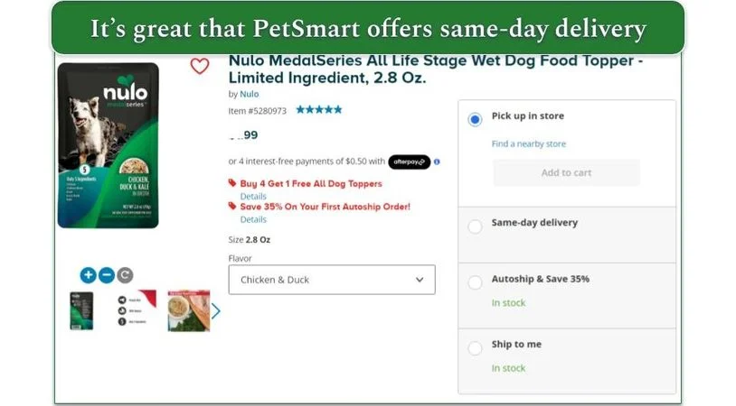 Screenshot of a dog food product on PetSmart with the delivery options highlighted