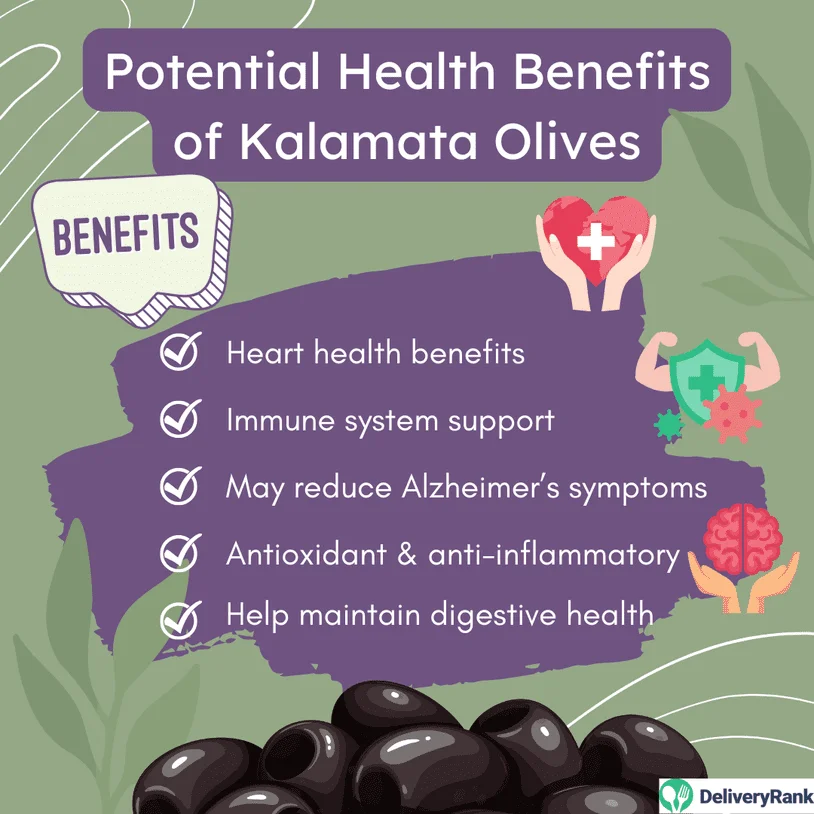 Infographic listing the potential health benefits of kalamata olives