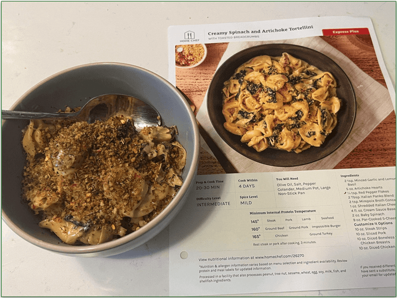 Home Chef’s Creamy Spinach and Artichoke Tortellini with recipe card