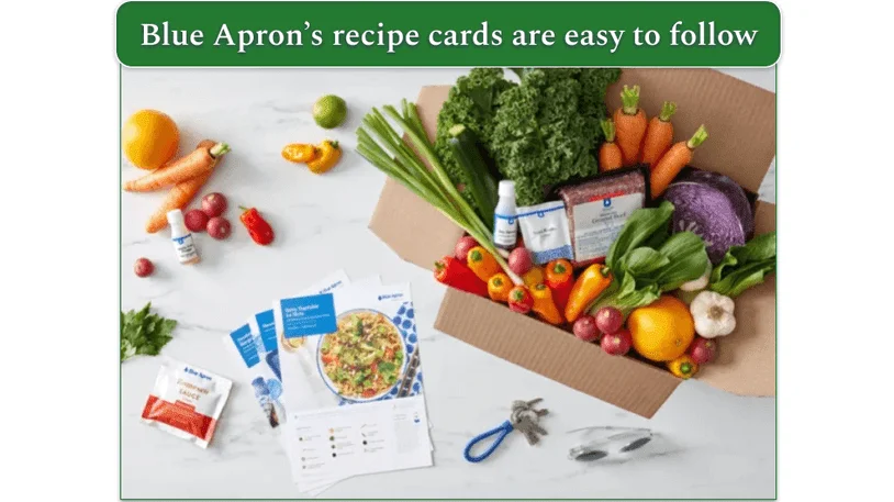 Image of a box of ingredients next to Blue Apron's recipe cards
