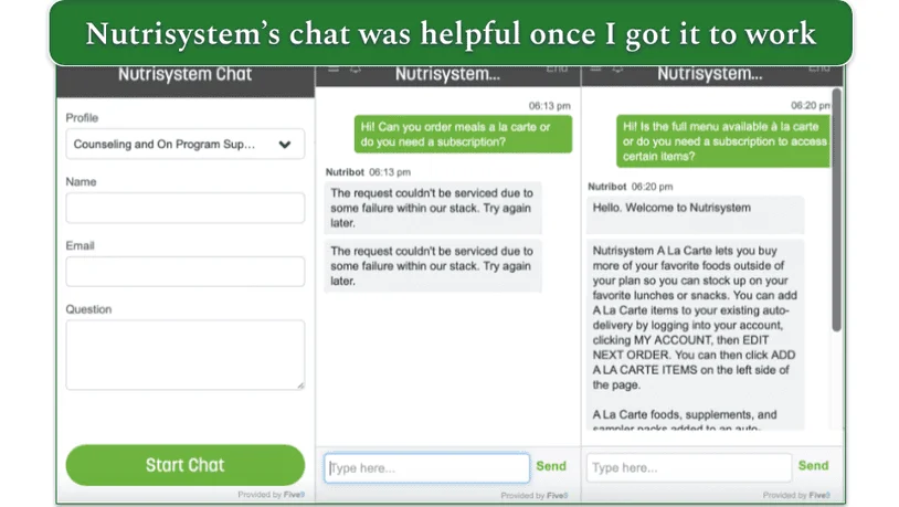 Screenshots of interactions with Nutrisystem's chat bot