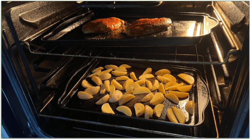 everyplate meal in the oven on two trays
