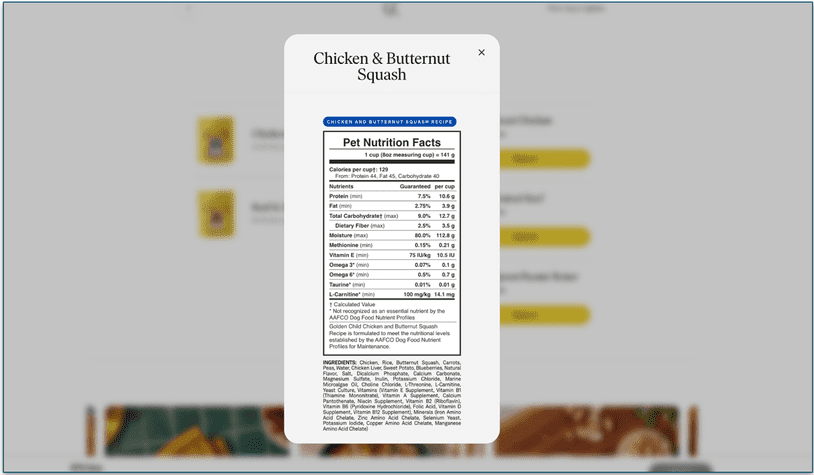screenshot of the pet nutrition facts table in a pop up  for the chicken and butternut squash recipe