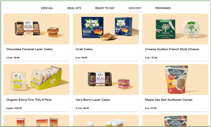 Purple Carrot's grocery items with pricing