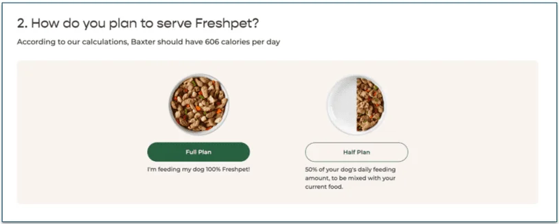 screenshot of the plan question in the freshpet quiz